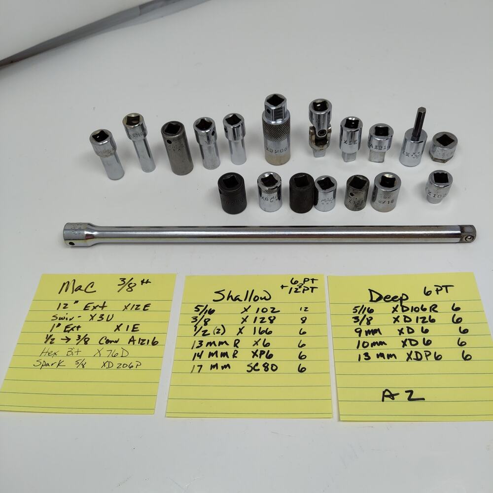 19X Mac Tools 3/8 Drive 12" Extension X12E, Adapter, Spark, Hex & Misc